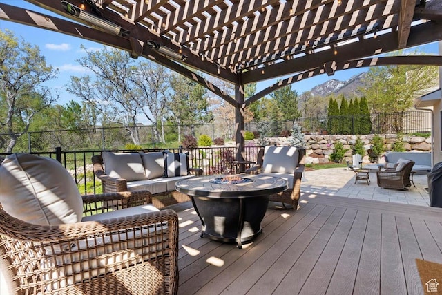 2077 E Genova Dr S, Draper, UT 84020 - wooden deck featuring fence, an outdoor living space with a fire pit, and a pergola