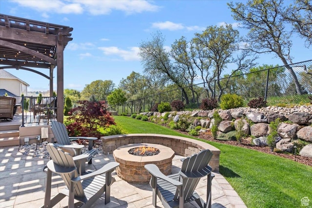 2077 E Genova Dr S, Draper, UT 84020 - view of patio featuring a pergola, fence, and an outdoor fire pit