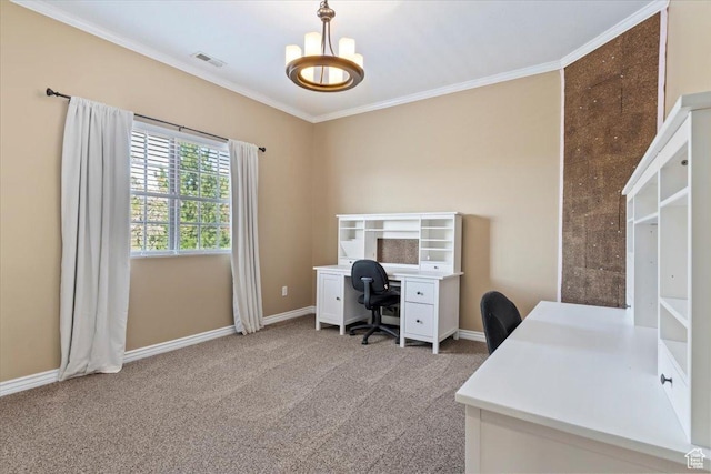 2077 E Genova Dr S, Draper, UT 84020 - office space featuring visible vents, baseboards, a notable chandelier, ornamental molding, and light carpet