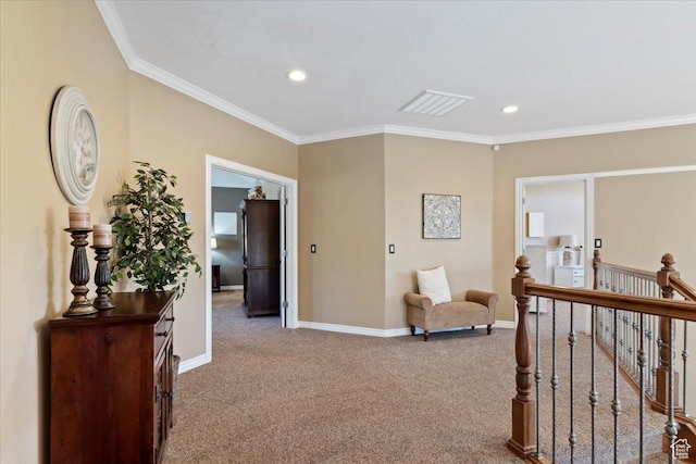 2077 E Genova Dr S, Draper, UT 84020 - hallway with baseboards, carpet flooring, visible vents, and ornamental molding