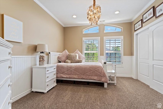 2077 E Genova Dr S, Draper, UT 84020 - bedroom with crown molding, wainscoting, dark carpet, and visible vents