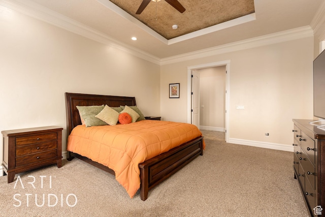 415 W Silver Hills Rd, Leeds, UT 84746 - bedroom with crown molding, light carpet, baseboards, recessed lighting, and a raised ceiling