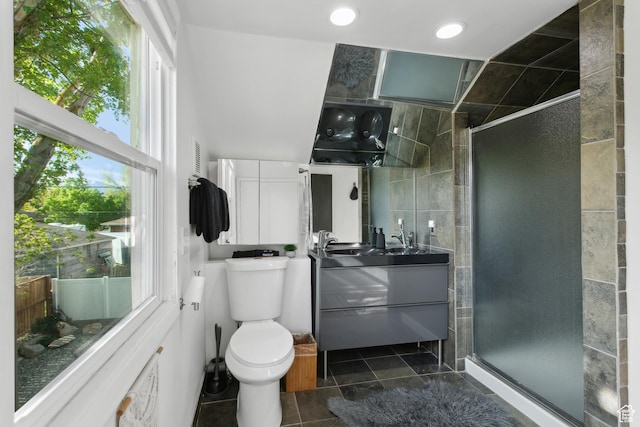 740 E Barrows Ave, Salt Lake City, UT 84106 - full bathroom featuring a shower stall, toilet, vanity, and recessed lighting