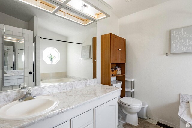 24517 W Rock Creek Rd, Duchesne, UT 84021 - full bathroom with a bath, visible vents, vaulted ceiling, vanity, and toilet