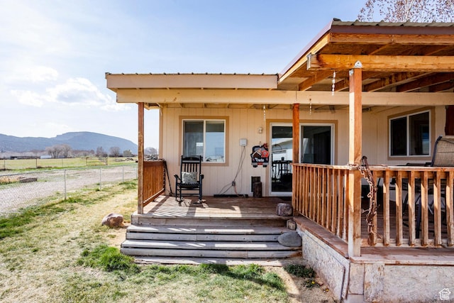 24517 W Rock Creek Rd, Duchesne, UT 84021 - rear view of property featuring a deck with mountain view, metal roof, and fence