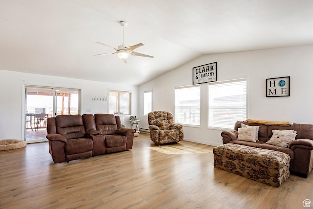 24517 W Rock Creek Rd, Duchesne, UT 84021 - living area featuring light wood-style floors, a ceiling fan, and vaulted ceiling