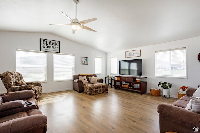 24517 W Rock Creek Rd, Duchesne, UT 84021 - living room featuring baseboards, ceiling fan, vaulted ceiling, and light wood-style flooring