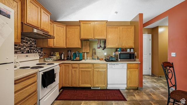6267 S Waller Ln W, West Jordan, UT 84081 - kitchen with white appliances, under cabinet range hood, a sink, light countertops, and tasteful backsplash