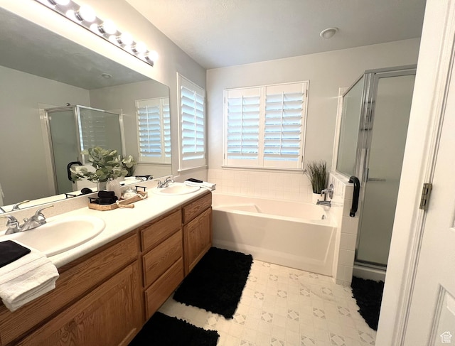 986 Davenport Dr S, Grantsville, UT 84029 - bathroom featuring a sink, double vanity, a stall shower, and a bath