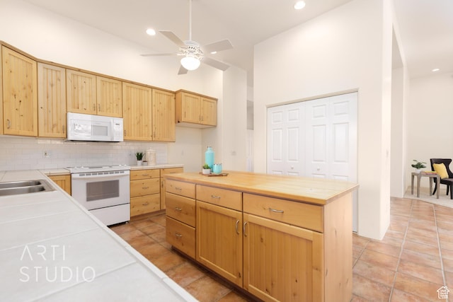 423 W Taman Ct, Ivins, UT 84738 - kitchen featuring light brown cabinetry, ceiling fan, white appliances, wooden counters, and tasteful backsplash