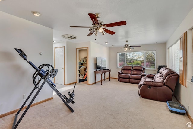 1253 Oakridge Ln, Bountiful, UT 84010 - living room featuring light colored carpet, baseboards, and ceiling fan