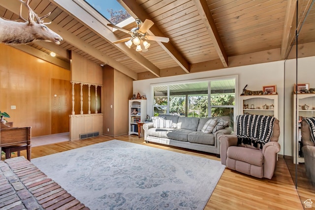 1253 Oakridge Ln, Bountiful, UT 84010 - living area with wood finished floors, ceiling fan, wooden ceiling, wooden walls, and a skylight