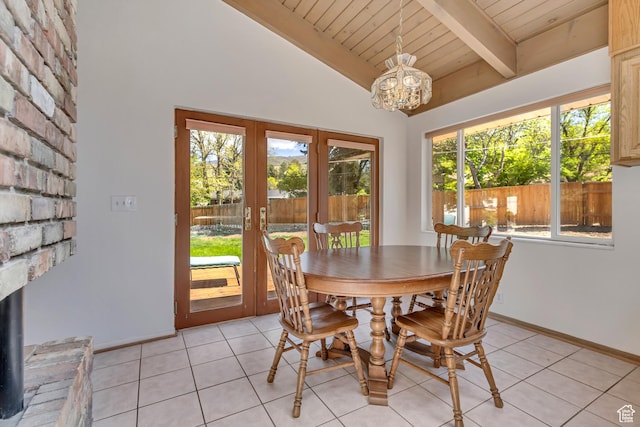 1253 Oakridge Ln, Bountiful, UT 84010 - dining room with wooden ceiling, a chandelier, french doors, baseboards, and light tile patterned flooring