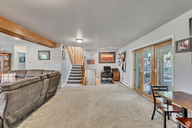 1253 Oakridge Ln, Bountiful, UT 84010 - living room featuring a baseboard heating unit, carpet floors, stairway, an office area, and baseboards
