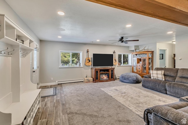 1253 Oakridge Ln, Bountiful, UT 84010 - living room featuring a baseboard radiator, recessed lighting, ceiling fan, baseboards, and wood finished floors