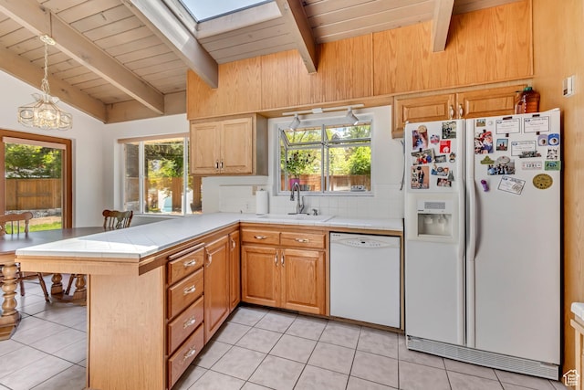 1253 Oakridge Ln, Bountiful, UT 84010 - kitchen featuring white appliances, a sink, wood ceiling, tile countertops, and a peninsula