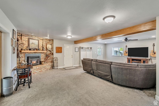1253 Oakridge Ln, Bountiful, UT 84010 - living area with carpet, ceiling fan, beamed ceiling, baseboards, and a textured ceiling