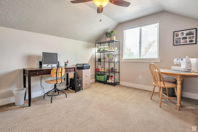 494 N 300 E, American Fork, UT 84003 - carpeted home office featuring a textured ceiling, ceiling fan, vaulted ceiling, and baseboards