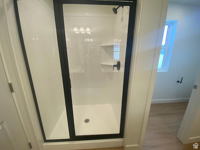 full bath featuring baseboards, wood finished floors, and a shower stall
