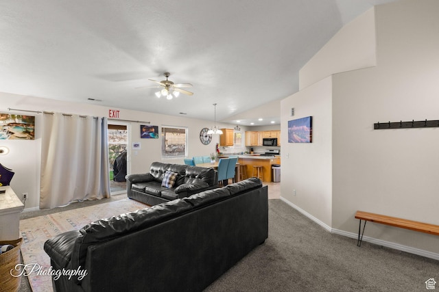 186 N 870 W, Hurricane, UT 84737 - living area with visible vents, baseboards, ceiling fan with notable chandelier, lofted ceiling, and light carpet