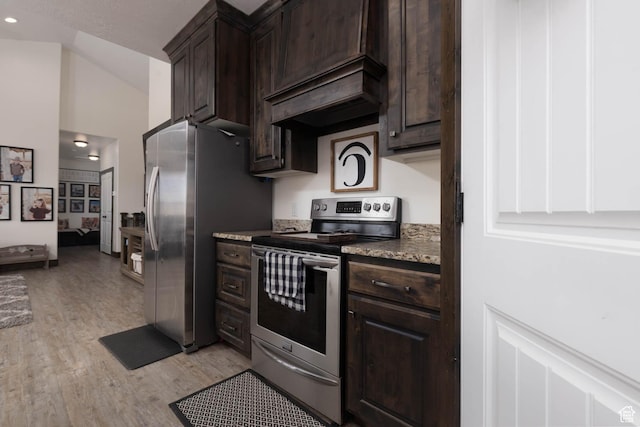 10360 S 10750 W, Axtell, UT 84621 - kitchen with custom range hood, dark brown cabinets, light wood finished floors, stainless steel appliances, and recessed lighting
