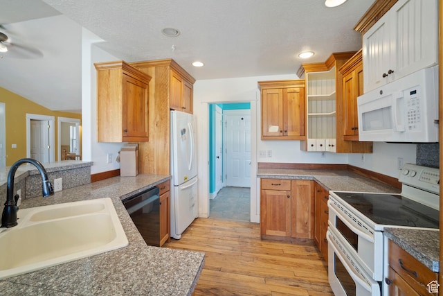 220 N 810 E, Smithfield, UT 84335 - kitchen with open shelves, a sink, light wood finished floors, white appliances, and a ceiling fan