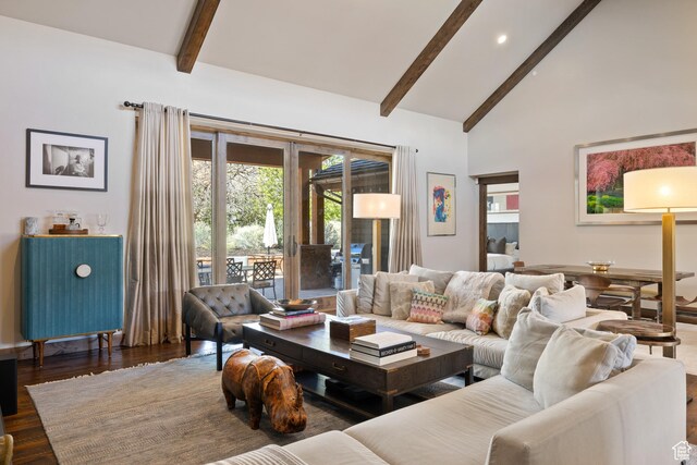 181 N Club Cabins Ct, Heber City, UT 84032 - living room featuring recessed lighting, wood finished floors, high vaulted ceiling, and beamed ceiling