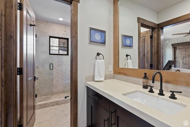 181 N Club Cabins Ct, Heber City, UT 84032 - bathroom with vanity, ceiling fan, tile patterned floors, and a stall shower
