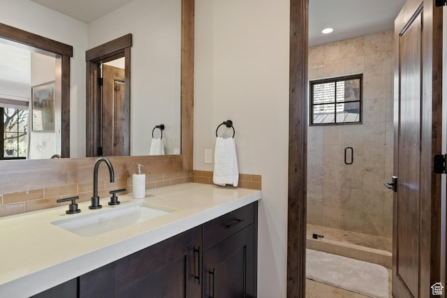 181 N Club Cabins Ct, Heber City, UT 84032 - full bathroom with vanity, decorative backsplash, a shower stall, and recessed lighting