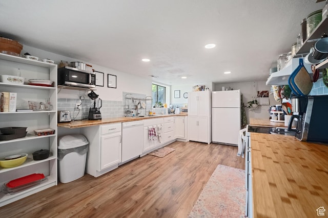 9968 S Blossom Dr, Sandy, UT 84092 - kitchen featuring butcher block countertops, white appliances, open shelves, light wood-style flooring, and white cabinetry