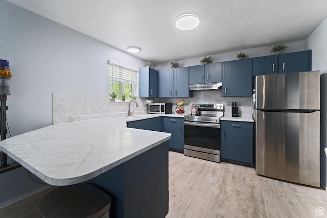 9968 S Blossom Dr, Sandy, UT 84092 - kitchen with stainless steel appliances, blue cabinets, a sink, a peninsula, and light wood-style flooring