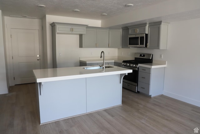 kitchen featuring a sink, appliances with stainless steel finishes, wood finished floors, and gray cabinetry