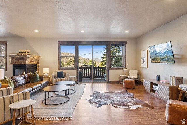 210 Parkview Dr, Summit Park, UT 84098 - living room with a stone fireplace, a healthy amount of sunlight, and wood finished floors