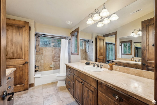 210 Parkview Dr, Summit Park, UT 84098 - bathroom featuring shower / bath combo with shower curtain, visible vents, vanity, toilet, and tile patterned floors
