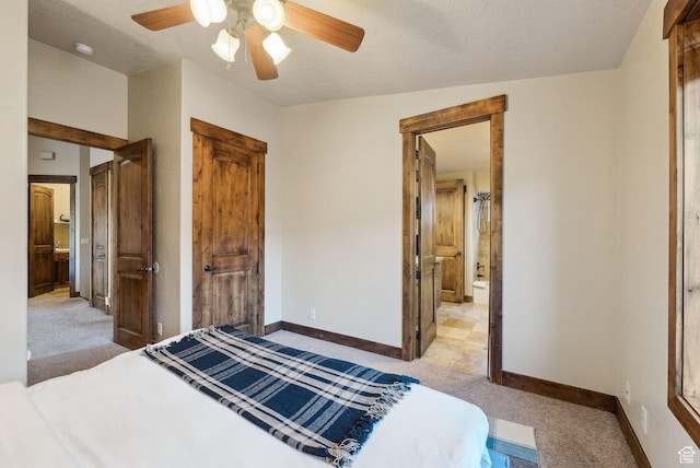 210 Parkview Dr, Summit Park, UT 84098 - bedroom with ceiling fan, baseboards, light colored carpet, and ensuite bathroom