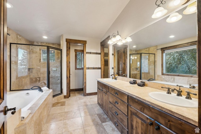 210 Parkview Dr, Summit Park, UT 84098 - bathroom featuring double vanity, a sink, a bath, and a stall shower