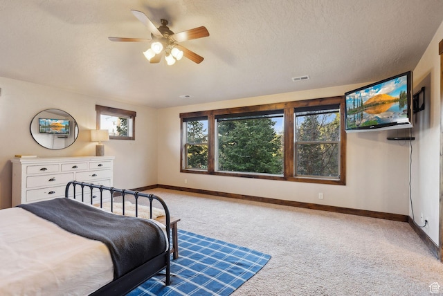 210 Parkview Dr, Summit Park, UT 84098 - carpeted bedroom with baseboards, ceiling fan, a textured ceiling, and visible vents