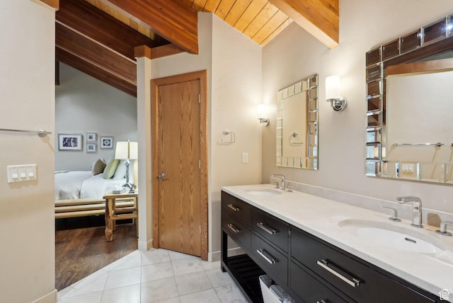 1386 Pinnacle Dr Unit 82, Park City, UT 84060 - full bathroom with connected bathroom, double vanity, wooden ceiling, and tile patterned floors