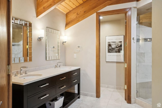1386 Pinnacle Dr Unit 82, Park City, UT 84060 - bathroom with double vanity, a shower stall, tile patterned floors, and beam ceiling