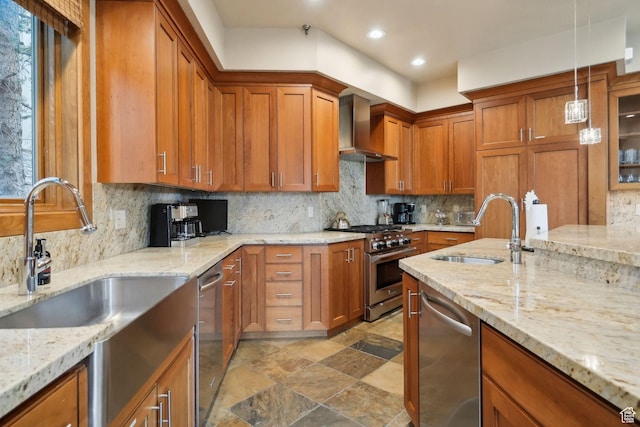 1386 Pinnacle Dr Unit 82, Park City, UT 84060 - kitchen with wall chimney range hood, stainless steel appliances, brown cabinets, light stone finish flooring, and recessed lighting