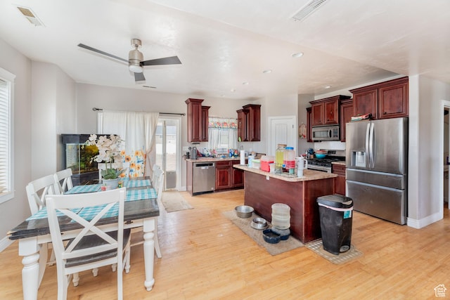 4231 W 650 N, Vernal, UT 84078 - kitchen with ceiling fan, visible vents, dark brown cabinets, stainless steel appliances, and light wood-style flooring