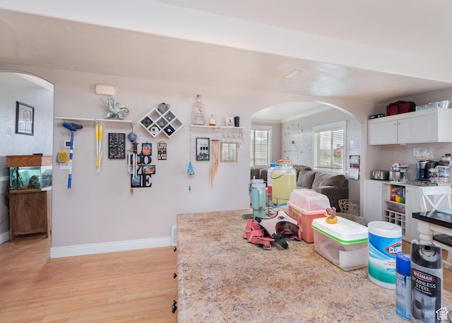 4231 W 650 N, Vernal, UT 84078 - recreation room with arched walkways, baseboards, and light wood finished floors