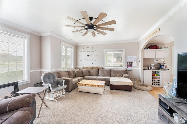 4231 W 650 N, Vernal, UT 84078 - living room featuring arched walkways, ornamental molding, and a ceiling fan