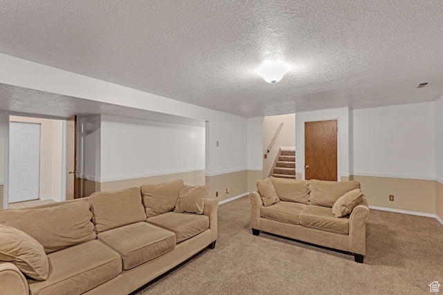 2137 W 550 N, West Point, UT 84015 - living area featuring baseboards, carpet, a textured ceiling, and stairway