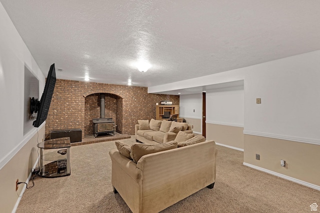 2137 W 550 N, West Point, UT 84015 - carpeted living room with a textured ceiling, baseboards, and a wood stove