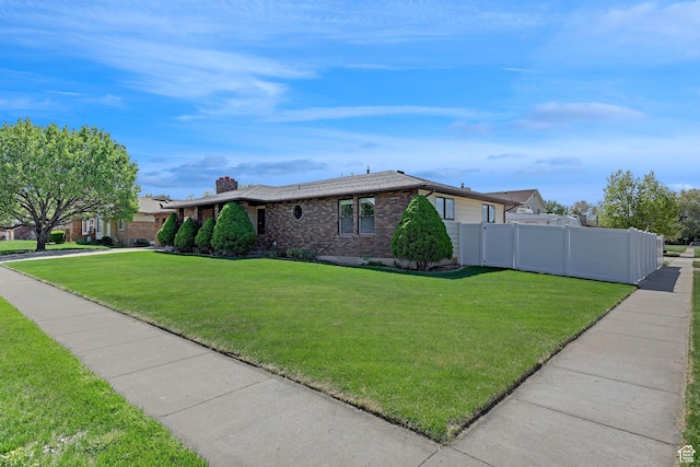2137 W 550 N, West Point, UT 84015 - view of side of home featuring fence, a chimney, a yard, and brick siding