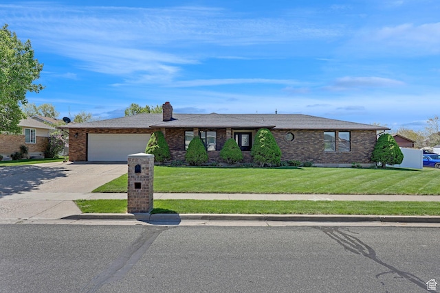 ranch-style house with an attached garage, a front lawn, brick siding, and concrete driveway