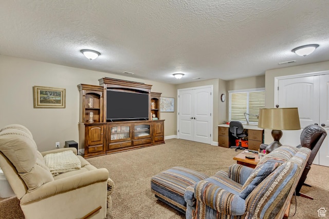 1155 S 2880 E, Spanish Fork, UT 84660 - living room with visible vents, a textured ceiling, carpet, and baseboards