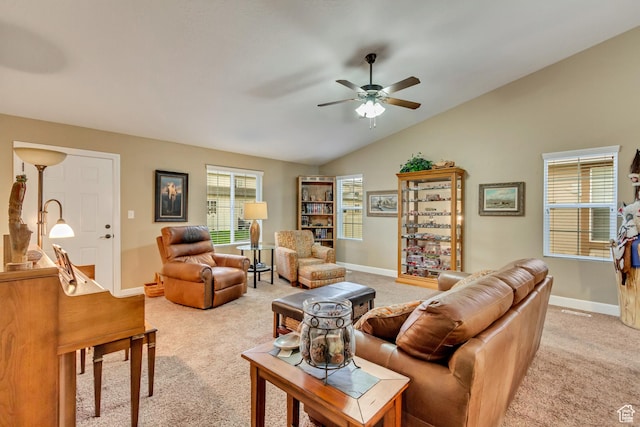 1155 S 2880 E, Spanish Fork, UT 84660 - living room with a ceiling fan, baseboards, light carpet, and lofted ceiling