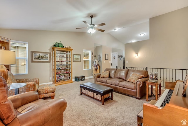 1155 S 2880 E, Spanish Fork, UT 84660 - carpeted living room featuring baseboards, a ceiling fan, and vaulted ceiling
